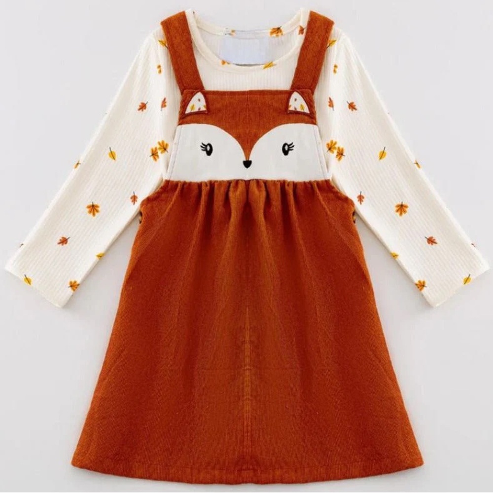 Girls Fox Jumper Dress Set with pinafore & matching top NWT
